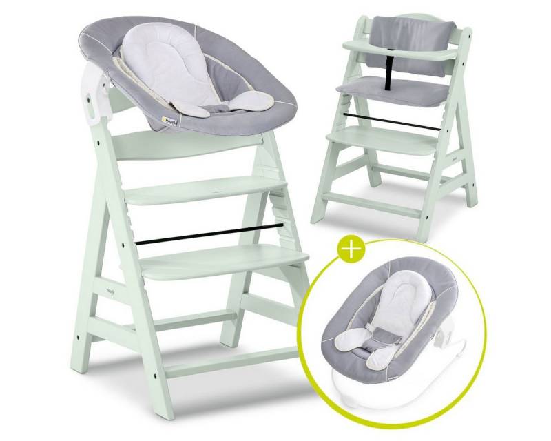 Hauck Hochstuhl Alpha Plus Mint Newborn Set - Stretch Grey (Set), Holz Babystuhl ab Geburt inkl. Aufsatz für Neugeborene & Sitzauflage von Hauck