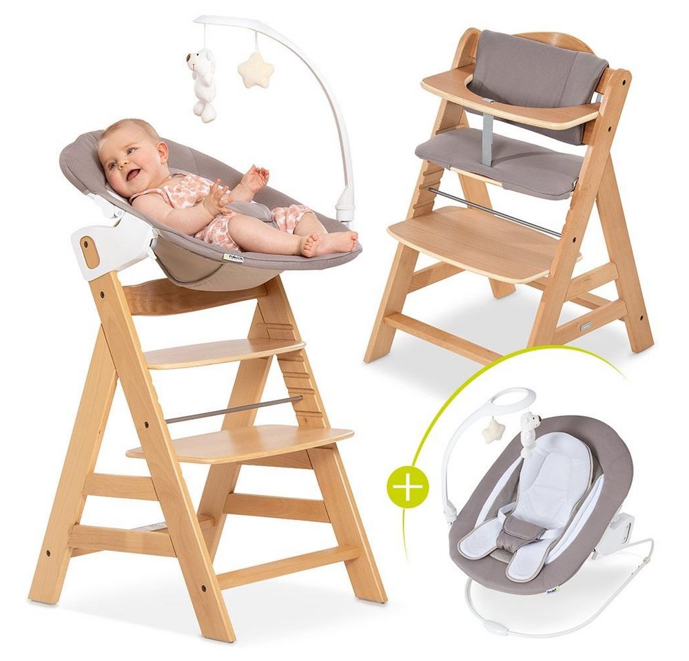 Hauck Hochstuhl Alpha Plus Natur - Newborn Set Deluxe (Set, 4 St), Holz Babystuhl ab Geburt inkl. Aufsatz für Neugeborene & Sitzauflage von Hauck