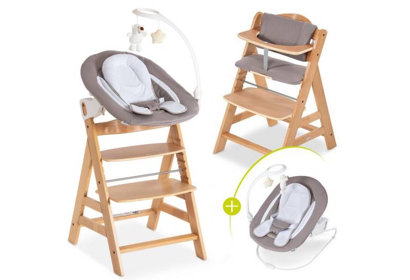 Hauck Hochstuhl Alpha Plus Natur - Newborn Set Deluxe (Set, 4 St), Holz Babystuhl ab Geburt inkl. Aufsatz für Neugeborene & Sitzauflage von Hauck
