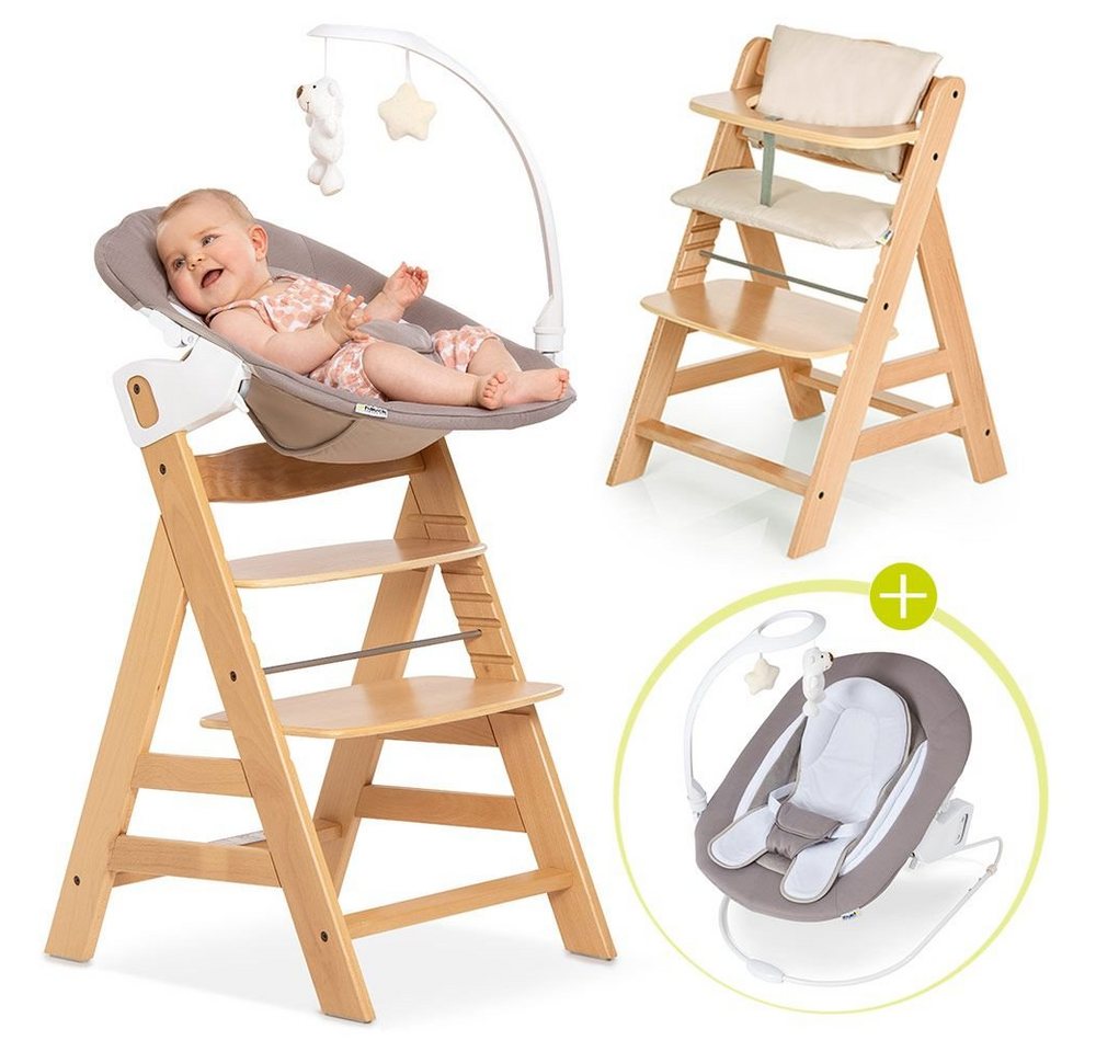 Hauck Hochstuhl Alpha Plus Natur - Newborn Set Deluxe (Set, 4 St), Holz Babystuhl ab Geburt inkl. Aufsatz für Neugeborene & Sitzauflage von Hauck