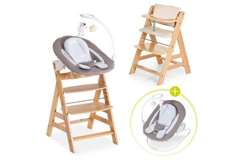 Hauck Hochstuhl Alpha Plus Natur - Newborn Set Deluxe (Set, 4 St), Holz Babystuhl ab Geburt inkl. Aufsatz für Neugeborene & Sitzauflage von Hauck