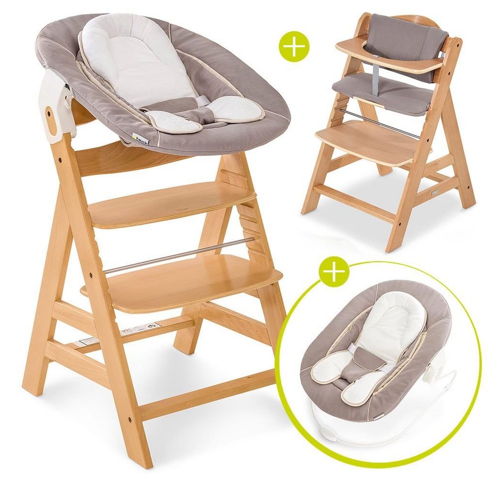 Hauck Hochstuhl Alpha Plus Natur Newborn Set (Set, 4 St), Holz Babystuhl ab Geburt inkl. Aufsatz für Neugeborene & Sitzauflage von Hauck