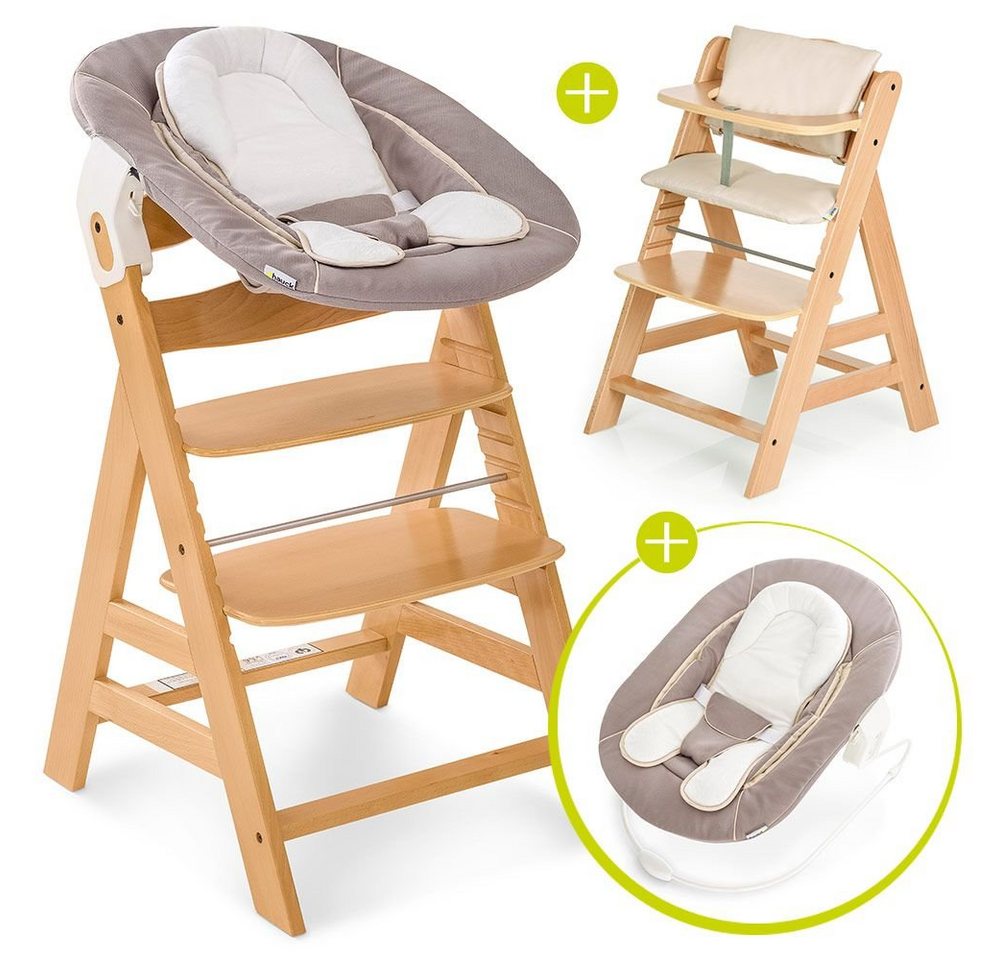 Hauck Hochstuhl Alpha Plus Natur - Newborn Set (Set, 4 St), Holz Babystuhl ab Geburt inkl. Aufsatz für Neugeborene & Sitzauflage von Hauck