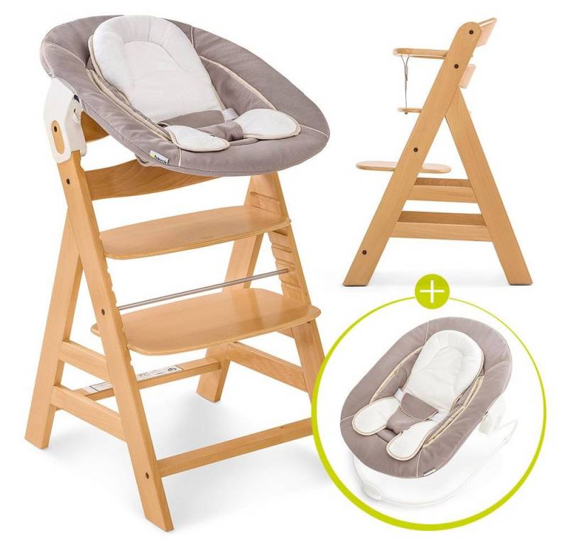 Hauck Hochstuhl Alpha Plus Natur - Newborn Set (Set, 4 St), Holz Babystuhl ab Geburt mit Aufsatz für Neugeborene höhenverstellbar von Hauck