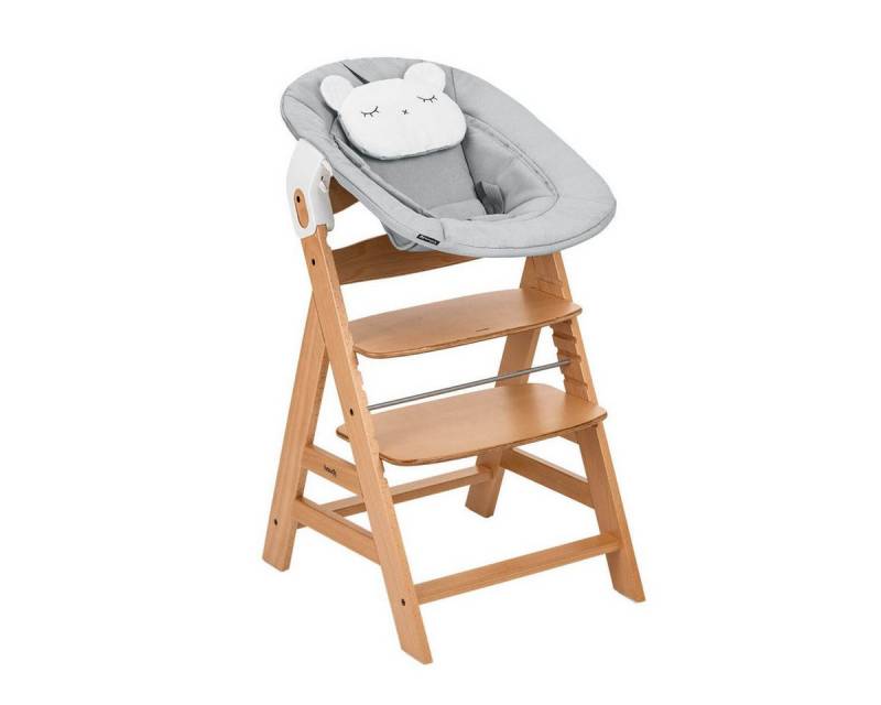 Hauck Hochstuhl Alpha Plus Nature Grey Newborn Set - Pastell Bear (Set), Holz Babystuhl ab Geburt mit Aufsatz für Neugeborene höhenverstellbar von Hauck