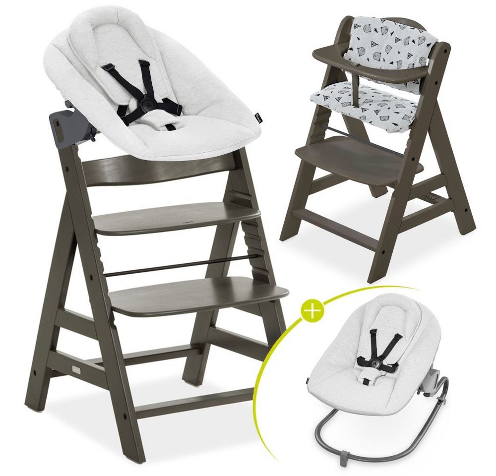 Hauck Hochstuhl Alpha Plus Select Charcoal - Newborn Set, Holz Babystuhl ab Geburt inkl. Aufsatz für Neugeborene & Sitzauflage von Hauck