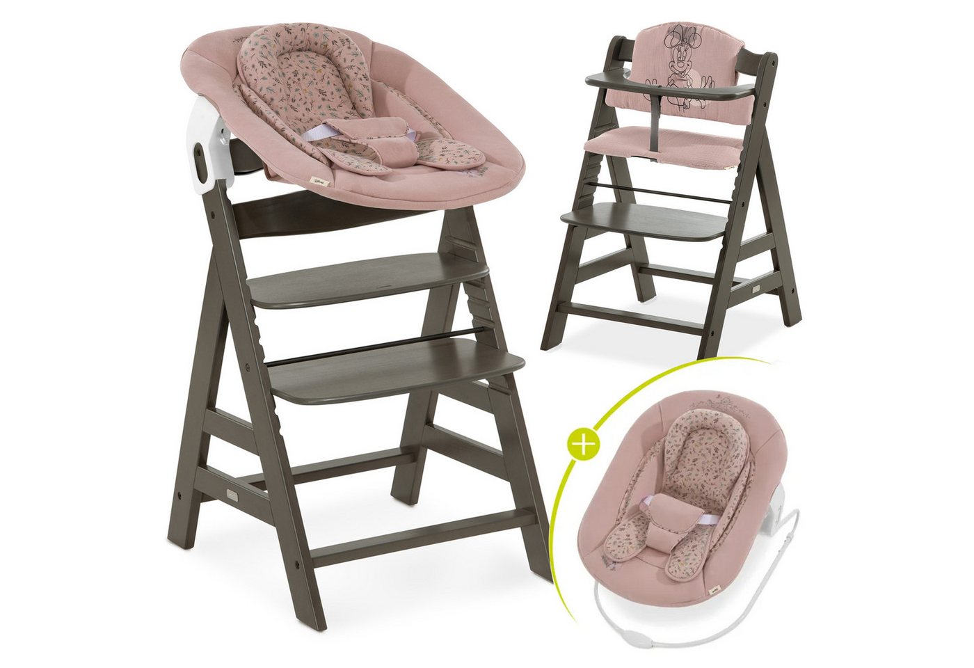 Hauck Hochstuhl Alpha Plus Select Charcoal Newborn Set Disney (Set), Holz Babystuhl ab Geburt inkl. Aufsatz für Neugeborene & Sitzauflage von Hauck