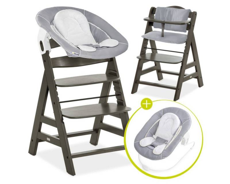Hauck Hochstuhl Alpha Plus Select Charcoal Newborn Set - Stretch G (Set), Holz Babystuhl ab Geburt inkl. Aufsatz für Neugeborene & Sitzauflage von Hauck