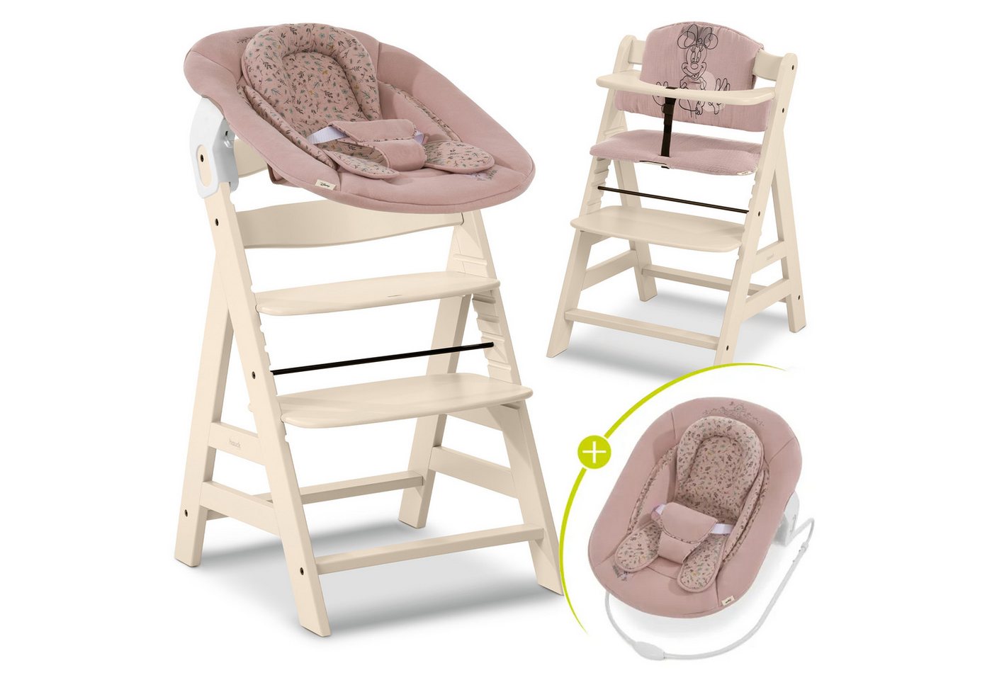 Hauck Hochstuhl Alpha Plus Vanilla Newborn Set Disney (Set), Holz Babystuhl ab Geburt inkl. Aufsatz für Neugeborene & Sitzauflage von Hauck