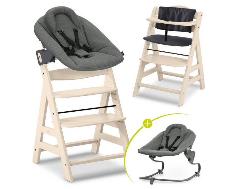 Hauck Hochstuhl Alpha Plus Vanilla Newborn Set - Premium Dark Grey (Set), Holz Babystuhl ab Geburt inkl. Aufsatz für Neugeborene & Sitzauflage von Hauck