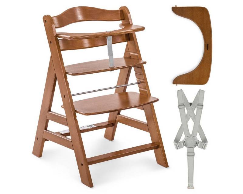 Hauck Hochstuhl Alpha Plus - Walnut, Mitwachsender Holz Kinderhochstuhl verstellbar mit Schutzbügel & Gurt von Hauck