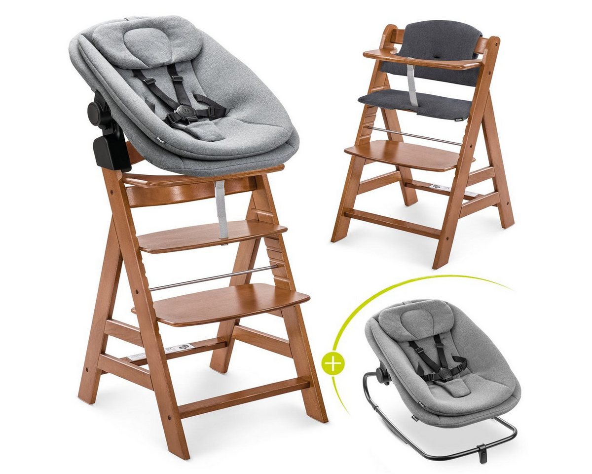 Hauck Hochstuhl Alpha Plus Walnut Newborn Set (Set), Holz Babystuhl ab Geburt inkl. Aufsatz für Neugeborene & Sitzauflage von Hauck