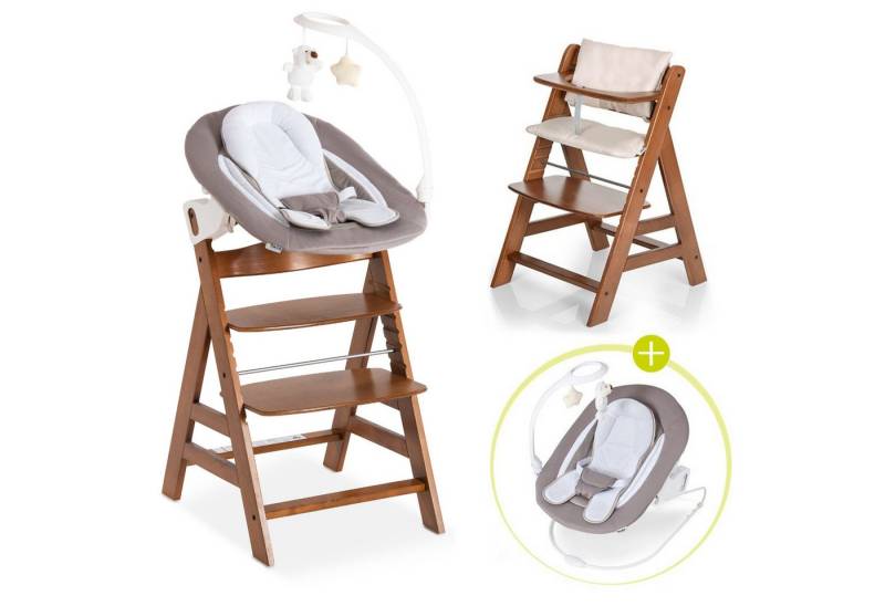 Hauck Hochstuhl Alpha Plus Walnut - Newborn Set Deluxe (Set, 4 St), Holz Babystuhl ab Geburt inkl. Aufsatz für Neugeborene & Sitzauflage von Hauck
