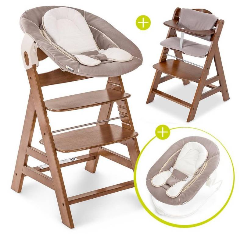 Hauck Hochstuhl Alpha Plus Walnut Newborn Set (Set, 4 St), Holz Babystuhl ab Geburt inkl. Aufsatz für Neugeborene & Sitzauflage von Hauck