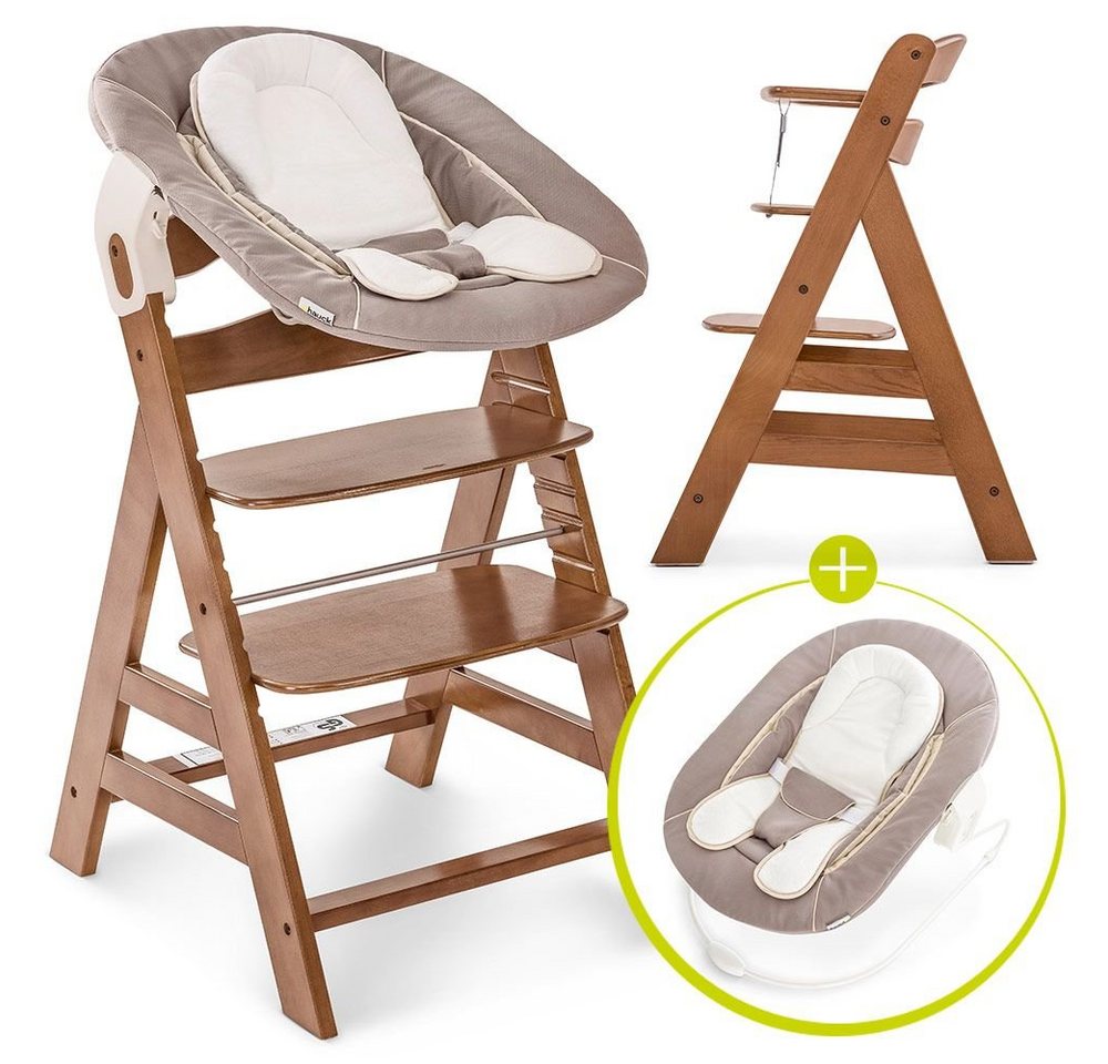 Hauck Hochstuhl Alpha Plus Walnut - Newborn Set (Set, 4 St), Holz Babystuhl ab Geburt mit Aufsatz für Neugeborene höhenverstellbar von Hauck