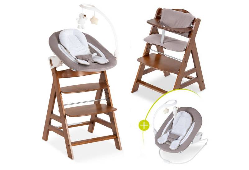 Hauck Hochstuhl Alpha Plus Walnut Newborn Set Deluxe (Set, 4 St), Holz Babystuhl ab Geburt inkl. Aufsatz für Neugeborene & Sitzauflage von Hauck