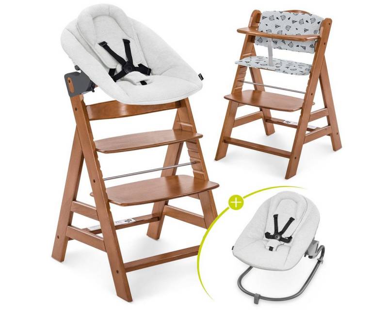 Hauck Hochstuhl Alpha Plus Walnut - Newborn Set Premium (Set), Holz Babystuhl ab Geburt inkl. Aufsatz für Neugeborene & Sitzauflage von Hauck