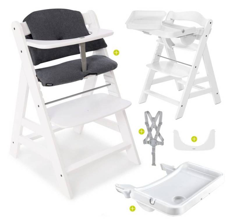 Hauck Hochstuhl Alpha Plus Weiß, Holz Kinderhochstuhl Babystuhl mit Essbrett, Sitzkissen - verstellbar von Hauck