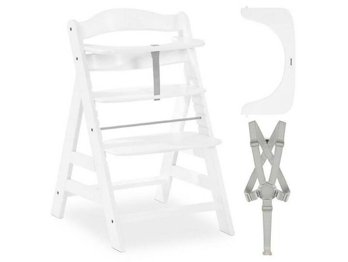 Hauck Hochstuhl Alpha Plus - White, Mitwachsender Holz Kinderhochstuhl verstellbar mit Schutzbügel & Gurt, weiß von Hauck