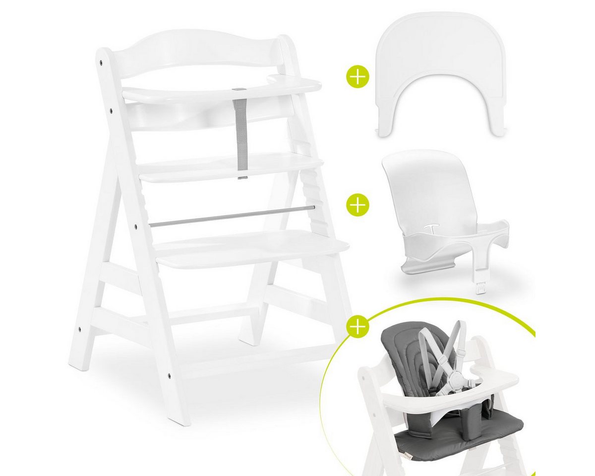 Hauck Hochstuhl Alpha Plus White (Set), Holz Baby Kinderhochstuhl mit Tablett Click Tray, Baby-Sitz & Sitzpad von Hauck
