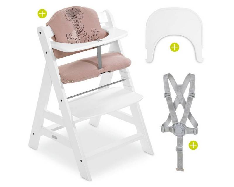 Hauck Hochstuhl Alpha Plus White - Minnie Mouse Rose, Mitwachsender Kinderhochstuhl mit Essbrett Click Tray & Sitzkissen von Hauck