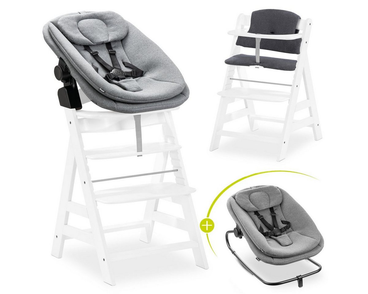 Hauck Hochstuhl Alpha Plus White Newborn Set (Set), Holz Babystuhl ab Geburt inkl. Aufsatz für Neugeborene & Sitzauflage von Hauck