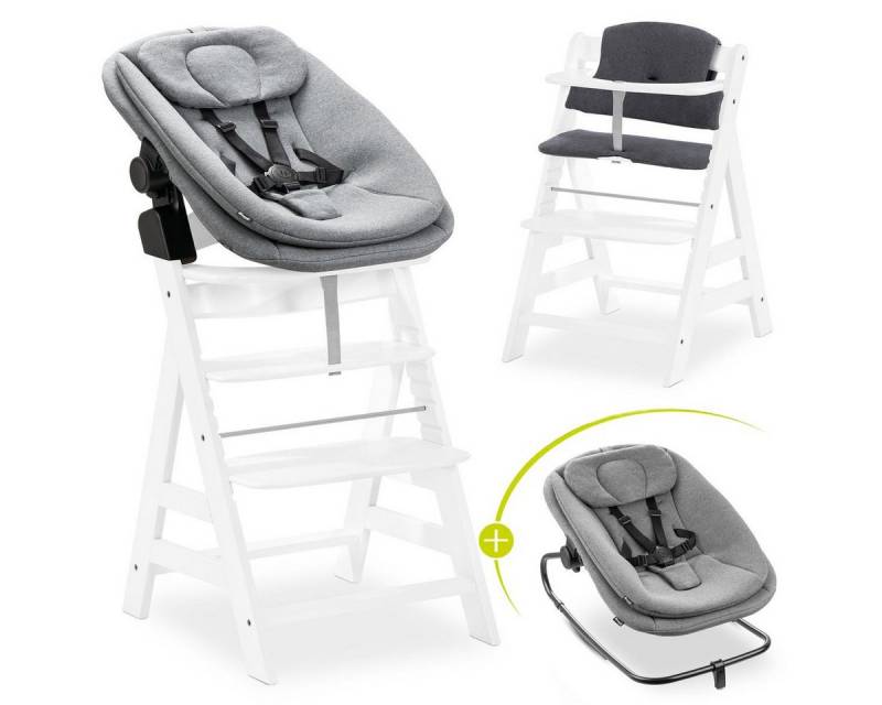 Hauck Hochstuhl Alpha Plus White Newborn Set (Set), Holz Babystuhl ab Geburt inkl. Aufsatz für Neugeborene & Sitzauflage von Hauck