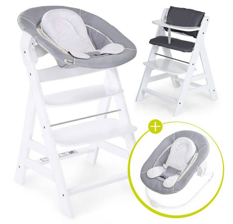 Hauck Hochstuhl Alpha Plus White - Newborn Set (Set, 4 St), Holz Babystuhl ab Geburt inkl. Aufsatz für Neugeborene & Sitzauflage von Hauck
