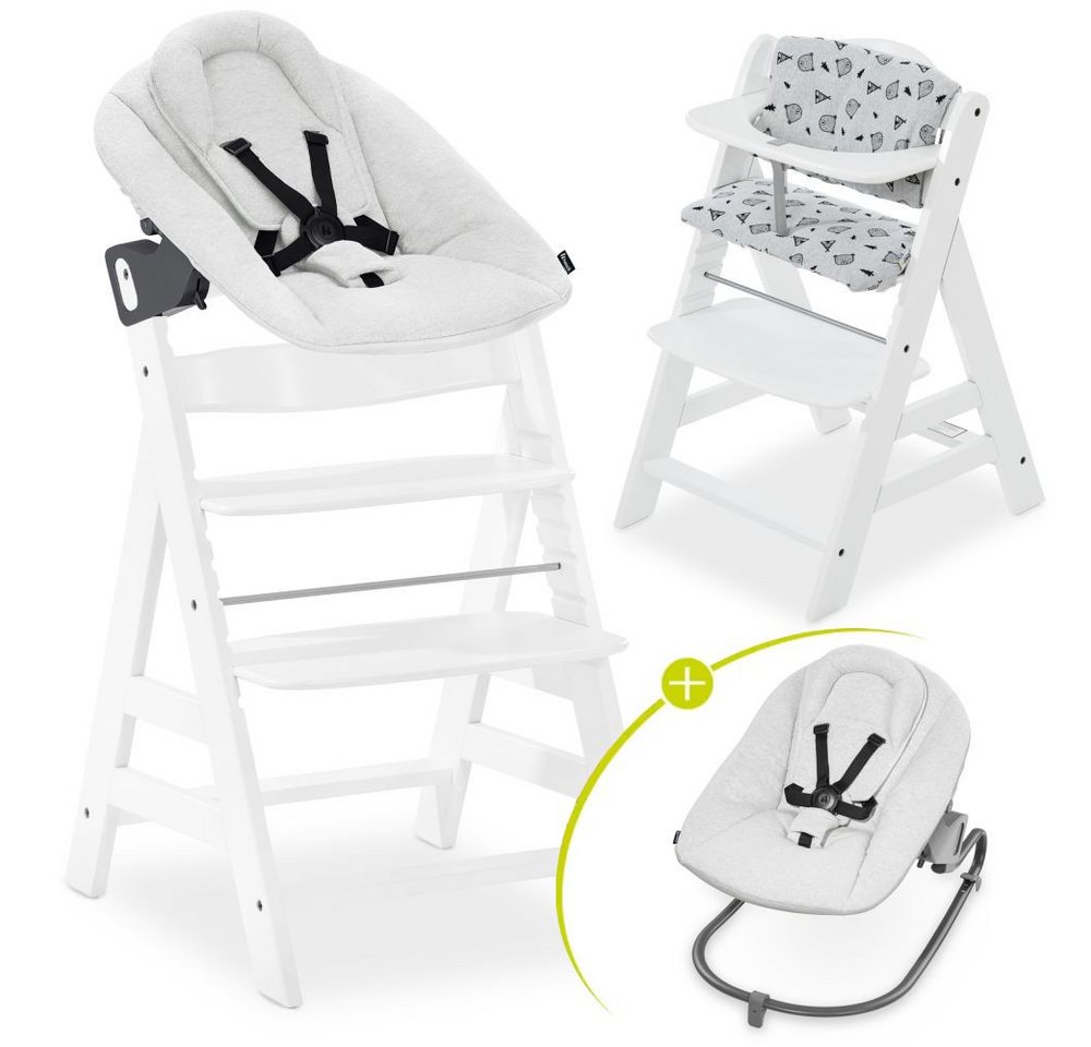 Hauck Hochstuhl Alpha Plus White - Newborn Set Light Grey, Holz Babystuhl ab Geburt inkl. Aufsatz für Neugeborene & Sitzauflage von Hauck