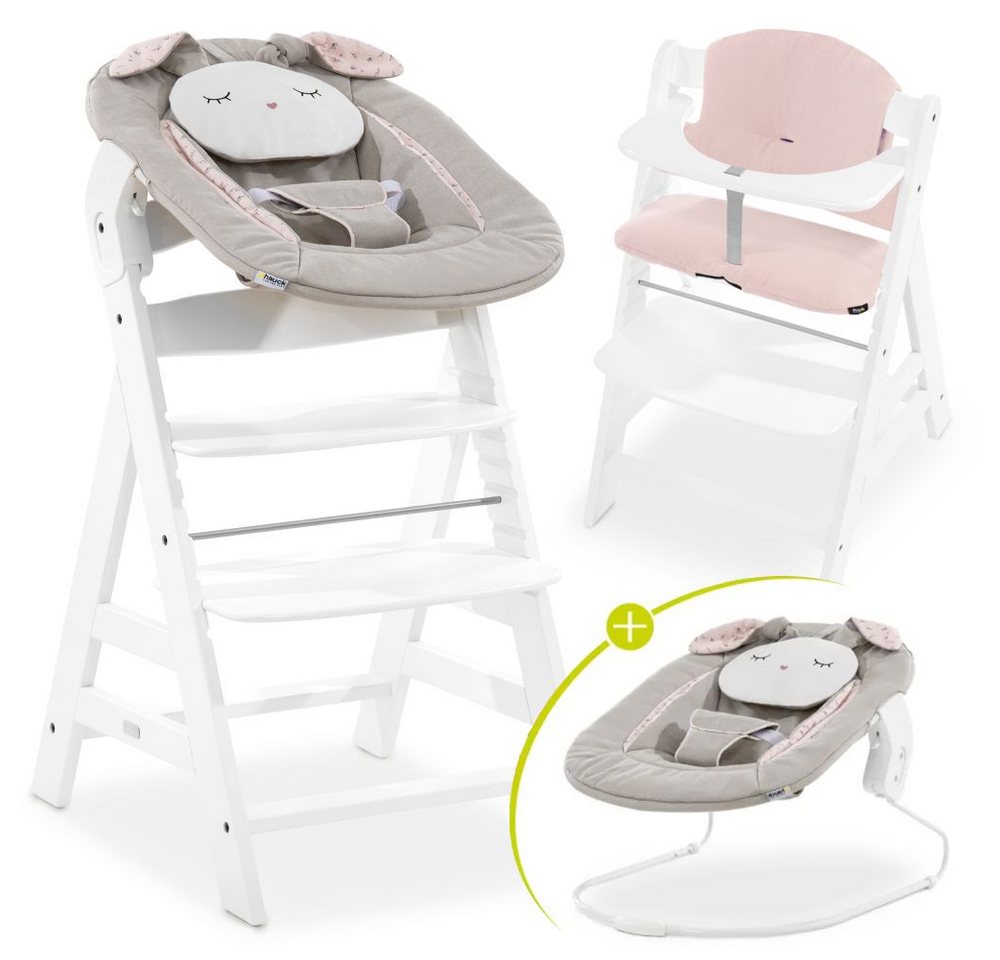 Hauck Hochstuhl Alpha Plus White - Newborn Set Powder Bunny, Holz Babystuhl ab Geburt inkl. Aufsatz für Neugeborene & Sitzauflage von Hauck