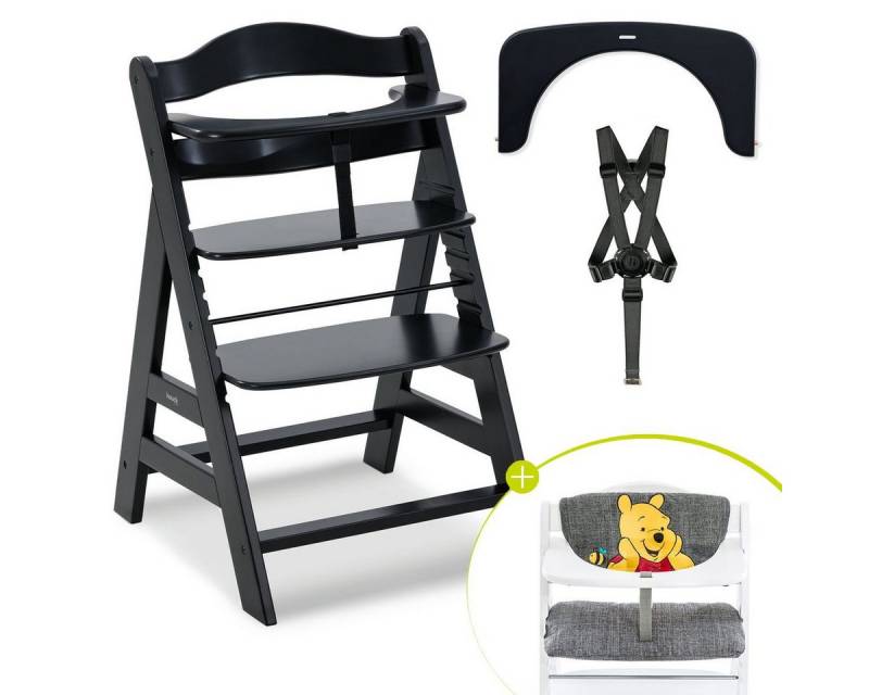 Hauck Hochstuhl Alpha Plus - Winnie Pooh Grey - Black, Mitwachsender Holz Kinderhochstuhl verstellbar mit Sitzauflage & Gurt von Hauck