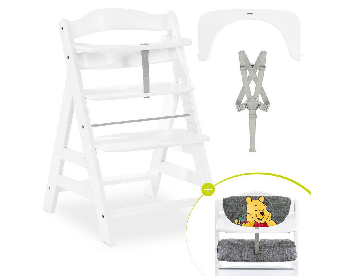 Hauck Hochstuhl Alpha Plus - Winnie Pooh Grey - White, Mitwachsender Holz Kinderhochstuhl verstellbar mit Sitzauflage & Gurt von Hauck