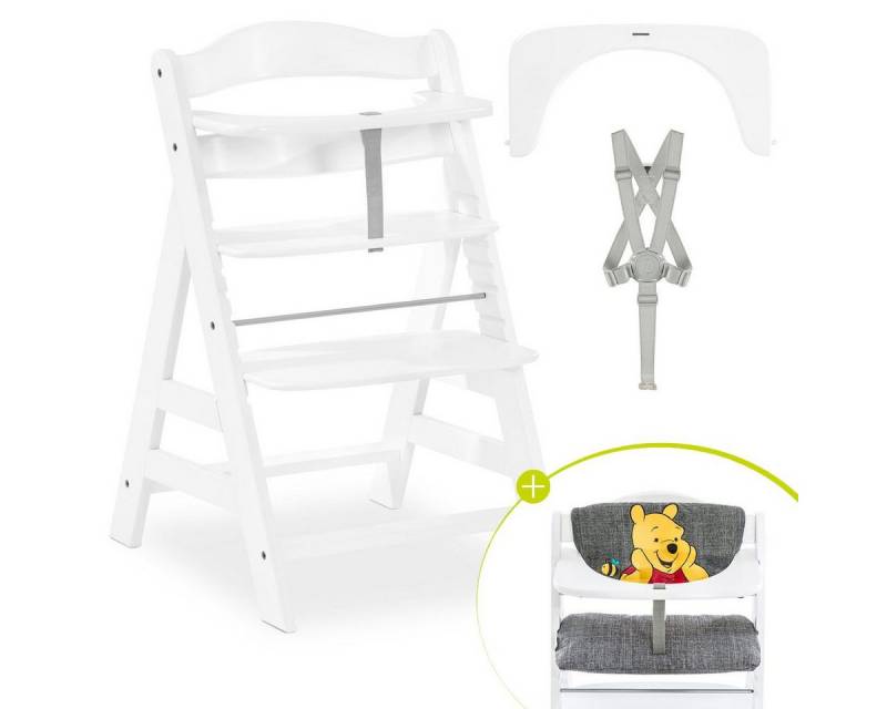 Hauck Hochstuhl Alpha Plus - Winnie Pooh Grey - White, Mitwachsender Holz Kinderhochstuhl verstellbar mit Sitzauflage & Gurt von Hauck