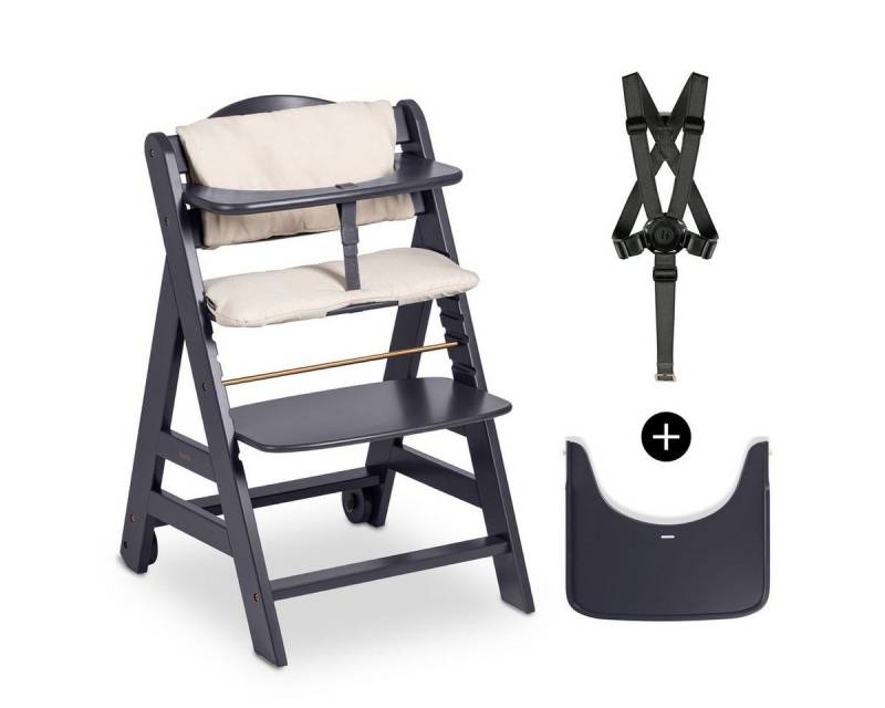 Hauck Hochstuhl Beta Plus - Dark Grey, Mitwachsender Holz Kinderhochstuhl mit Essbrett, Sitzauflage & Rollen von Hauck