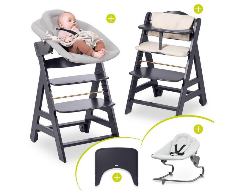 Hauck Hochstuhl Beta Plus Dark Grey - Newborn Set Premium (Set), Babystuhl ab Geburt mit Neugeborenen Aufsatz, Sitzpolster & Essbrett von Hauck