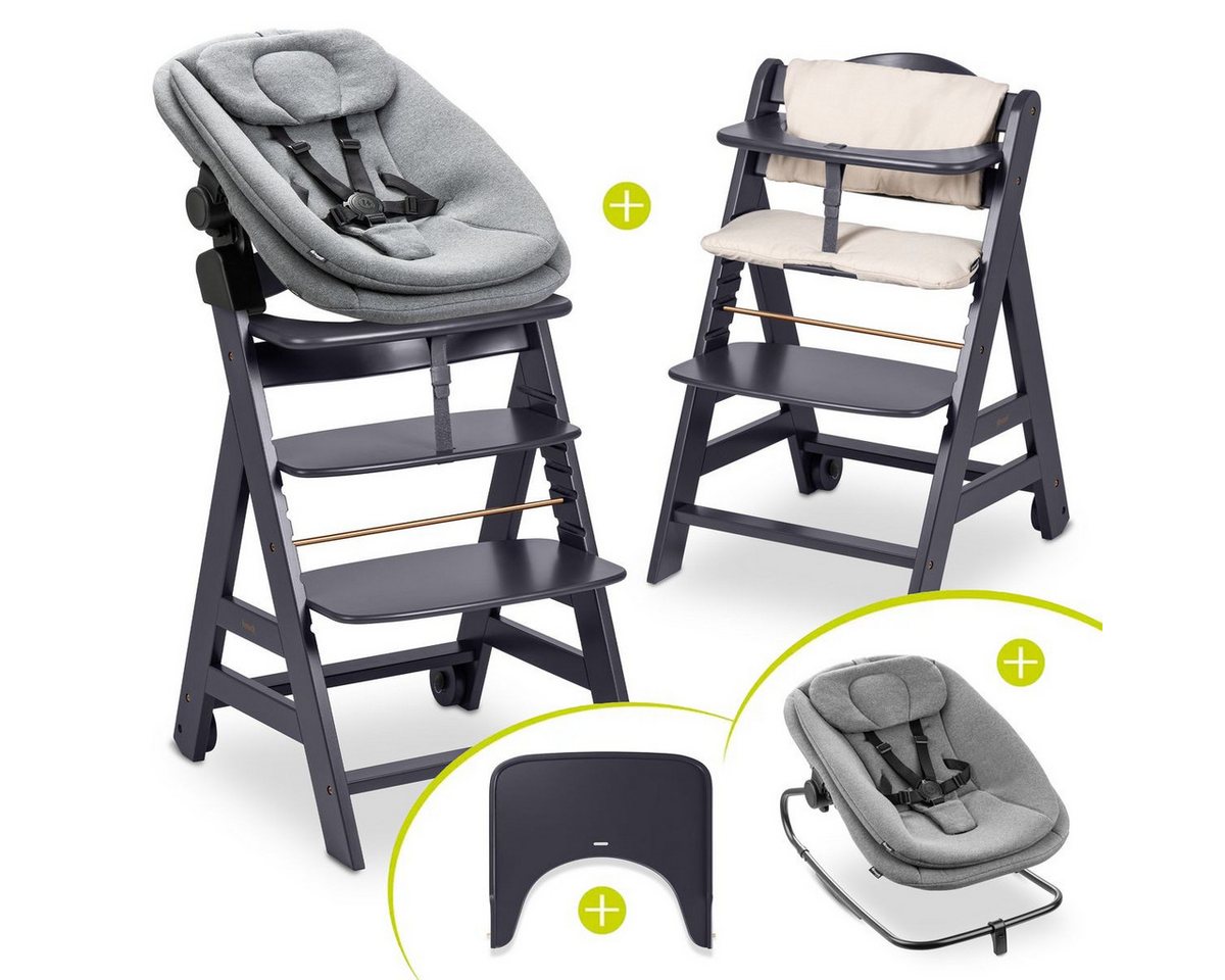 Hauck Hochstuhl Beta Plus Dark Grey Newborn Set 3in1 Bouncer (Set), Holz Babystuhl ab Geburt mit Neugeborenensufsatz, Sitzkissen, Essbrett von Hauck