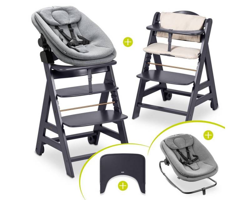 Hauck Hochstuhl Beta Plus Dark Grey Newborn Set 3in1 Bouncer (Set), Holz Babystuhl ab Geburt mit Neugeborenensufsatz, Sitzkissen, Essbrett von Hauck