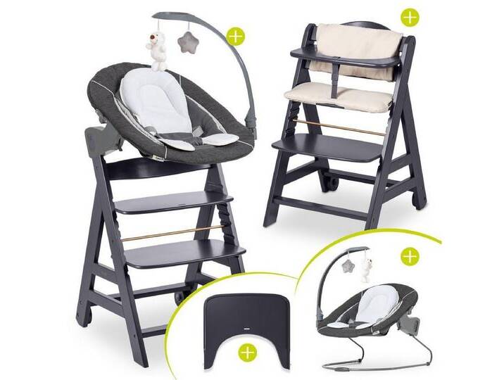 Hauck Hochstuhl Beta Plus Dark Grey - Newborn Set Deluxe, Holz Babystuhl ab Geburt, Aufsatz für Neugeborene, Sitzkissen, Tisch, grau von Hauck