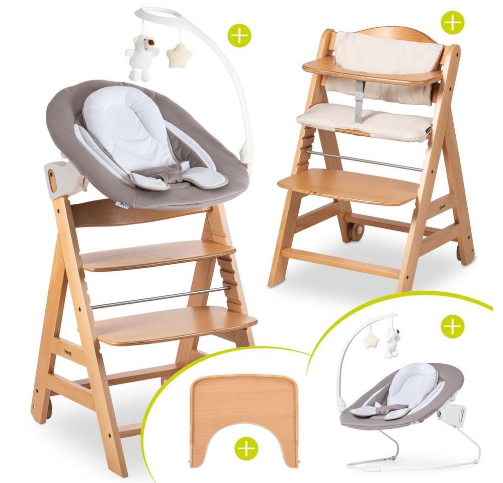 Hauck Hochstuhl Beta Plus Natur - Newborn Set Deluxe, Holz Babystuhl ab Geburt, Aufsatz für Neugeborene, Sitzkissen, Tisch von Hauck