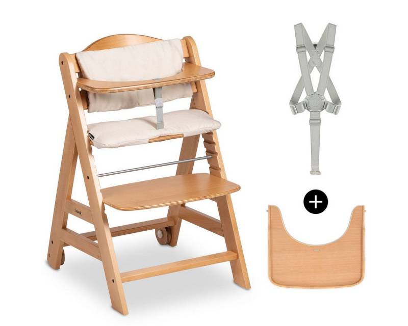 Hauck Hochstuhl Beta Plus - Natural, Mitwachsender Holz Kinderhochstuhl mit Essbrett, Sitzauflage & Rollen von Hauck