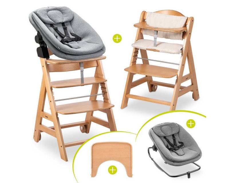 Hauck Hochstuhl Beta Plus Natural - Newborn Set 3in1 Bouncer (Set), Holz Babystuhl ab Geburt mit Neugeborenensufsatz, Sitzkissen, Essbrett von Hauck