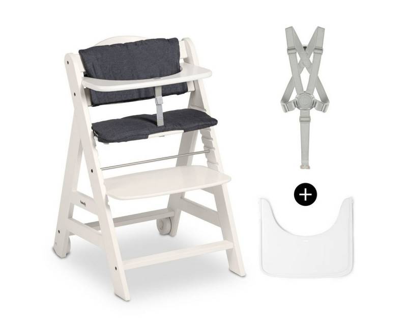 Hauck Hochstuhl Beta Plus White, Mitwachsender Holz Kinderhochstuhl mit Essbrett, Sitzauflage & Rollen von Hauck