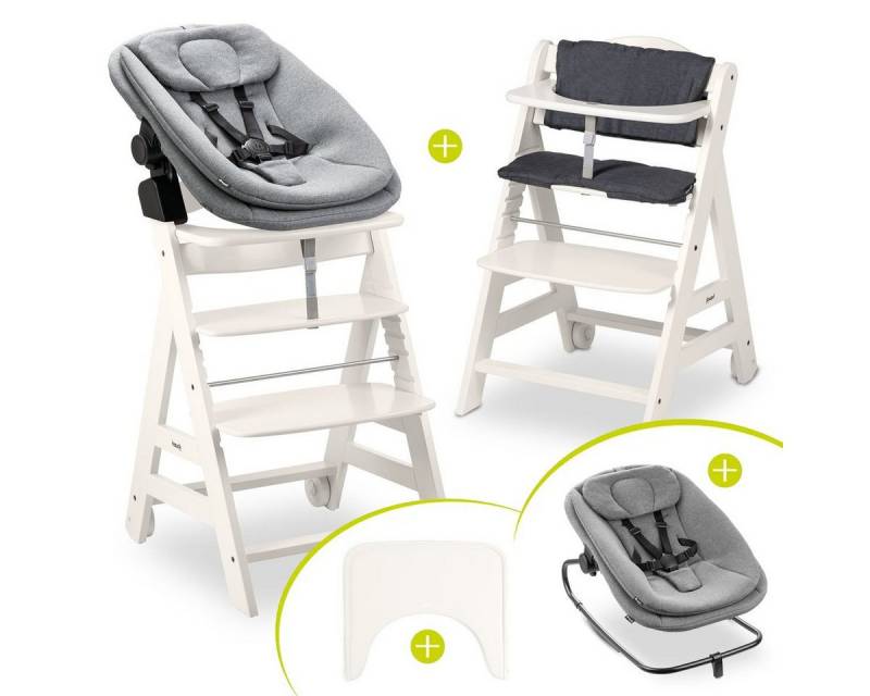 Hauck Hochstuhl Beta Plus White Newbornset 3in1 Bouncer (Set), Holz Babystuhl ab Geburt mit Neugeborenensufsatz, Sitzkissen, Essbrett von Hauck