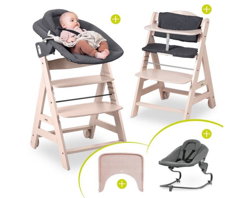 Hauck Hochstuhl Beta Plus Whitewashed - Dark Grey, Babystuhl ab Geburt inkl. Aufsatz für Neugeborene, Tisch, Sitzauflage von Hauck