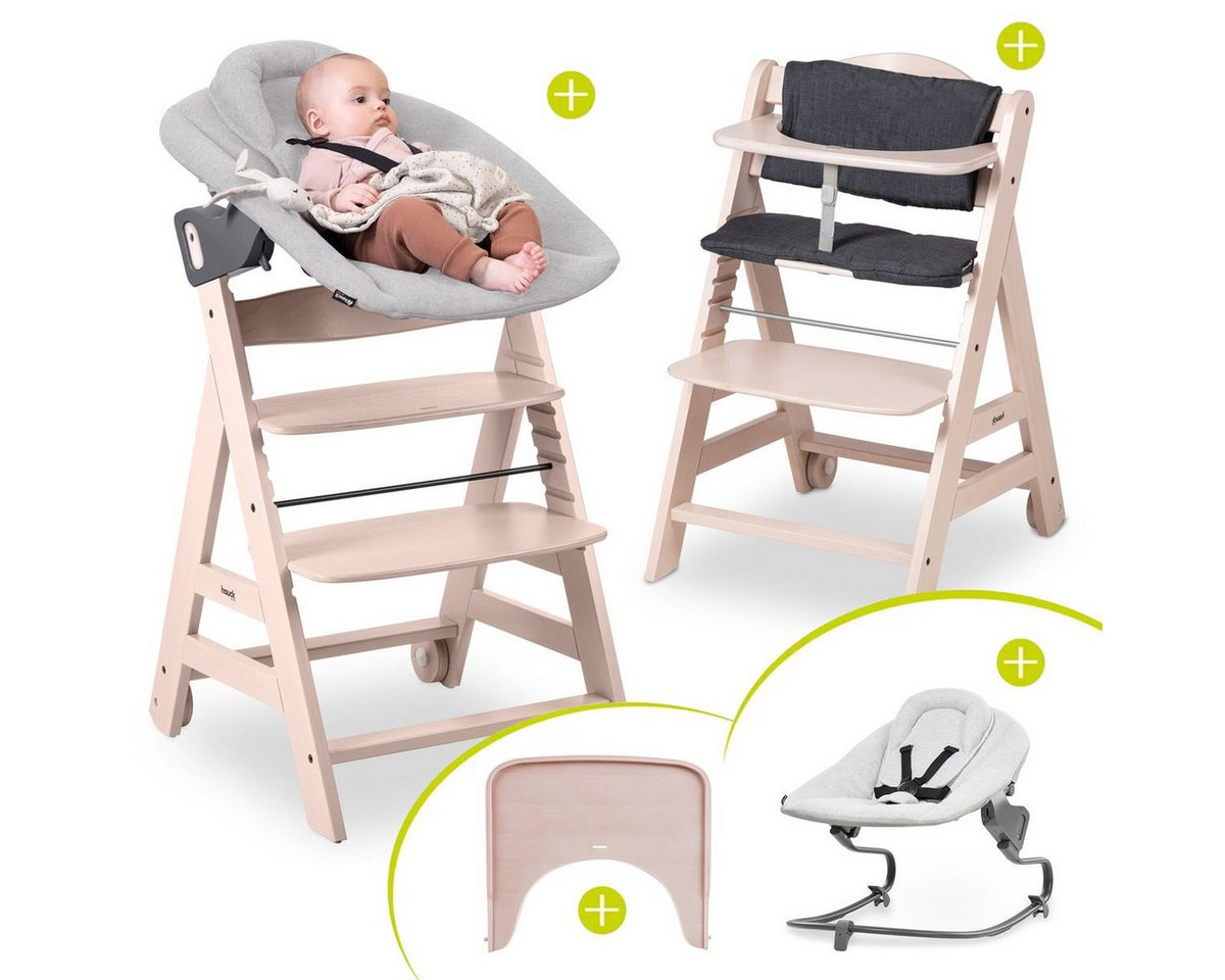 Hauck Hochstuhl Beta Plus Whitewashed - Newborn Set Premium (Set), Babystuhl ab Geburt mit Neugeborenen Aufsatz, Sitzpolster & Essbrett von Hauck