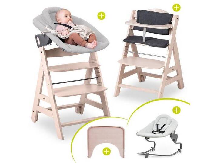 Hauck Hochstuhl Beta Plus Whitewashed - Newborn Set Premium (Set), Babystuhl ab Geburt mit Neugeborenen Aufsatz, Sitzpolster & Essbrett, beige von Hauck
