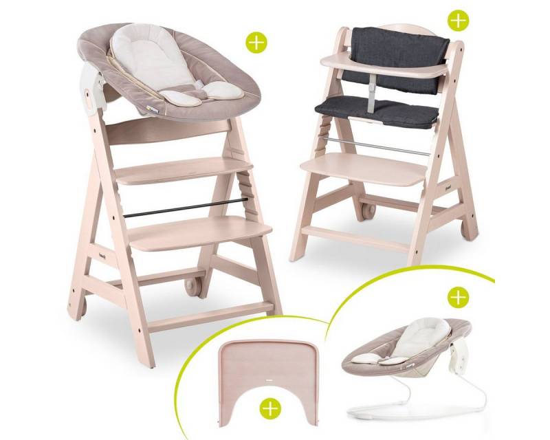 Hauck Hochstuhl Beta Plus Whitewashed Newborn Set - Stretch Beige, Babystuhl ab Geburt inkl. Aufsatz für Neugeborene, Tisch, Sitzauflage von Hauck