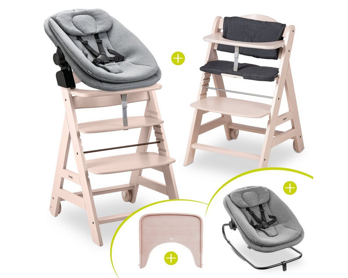 Hauck Hochstuhl Beta Plus Whitewashed Newbornset 3in1 Bouncer (Set), Holz Babystuhl ab Geburt mit Neugeborenensufsatz, Sitzkissen, Essbrett von Hauck