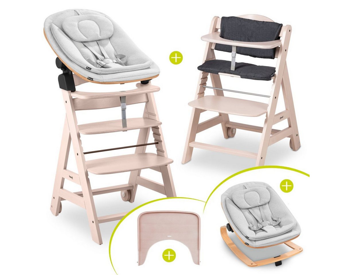 Hauck Hochstuhl Beta Plus Whitewashed Newbornset Eco - Light Grey (Set), Holz Babystuhl ab Geburt mit Neugeborenensufsatz, Sitzkissen, Essbrett von Hauck