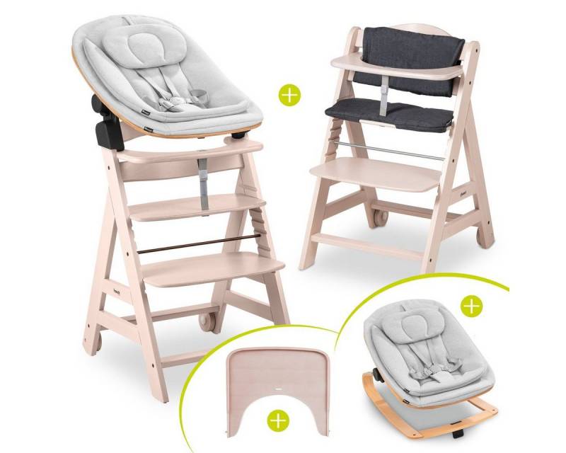 Hauck Hochstuhl Beta Plus Whitewashed Newbornset Eco - Light Grey (Set), Holz Babystuhl ab Geburt mit Neugeborenensufsatz, Sitzkissen, Essbrett von Hauck